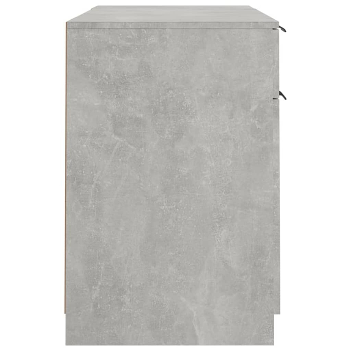 Ein grauer Schrank mit betonartiger Textur. Er hat zwei schwarze Griffe. Der Schrank ist rechteckig und steht aufrecht.