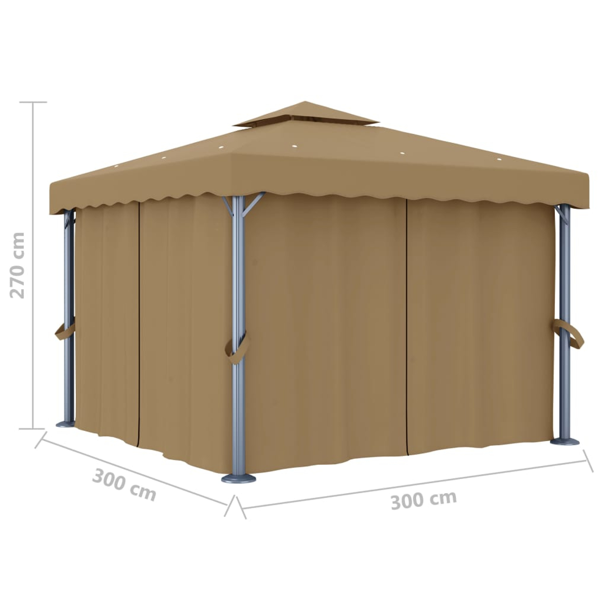 Ein beigefarbener Pavillon mit quadratischem Dach und Vorhängen. Er hat Metallstützbalken und misst 300cm x 300cm x 270cm.