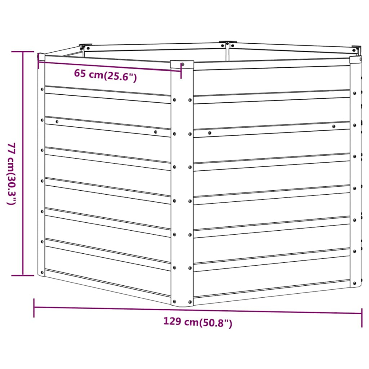 Quadratischer Holzpflanzer mit Maßangaben: 65 cm breit, 77 cm hoch und 129 cm lang.