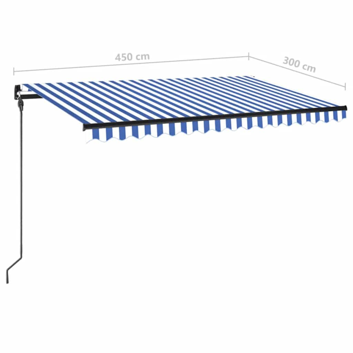 Ein blau-weiß gestreiftes Sonnensegel ist ausgefahren. Das Sonnensegel ist 450 cm breit und 300 cm lang, mit schwarzem Stützgestell und Kurbel.