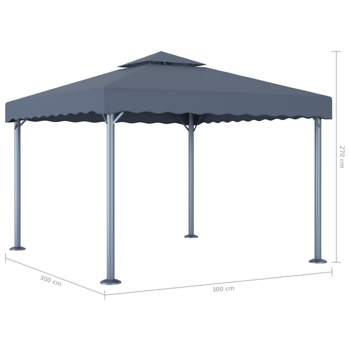 Ein grauer Pavillon mit spitzem Dach und gewellten Kanten. Er hat vier silberne Pfosten und ist mit den Maßen 300 cm und 270 cm versehen.