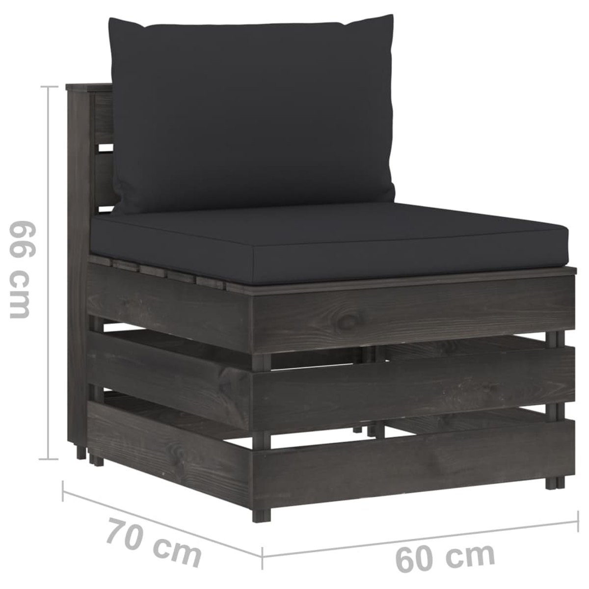 Ein grauer Holzarmstuhl mit dunkelgrauem Kissen und Kissen. Abmessungen sind beschriftet: 70x60x66 cm.