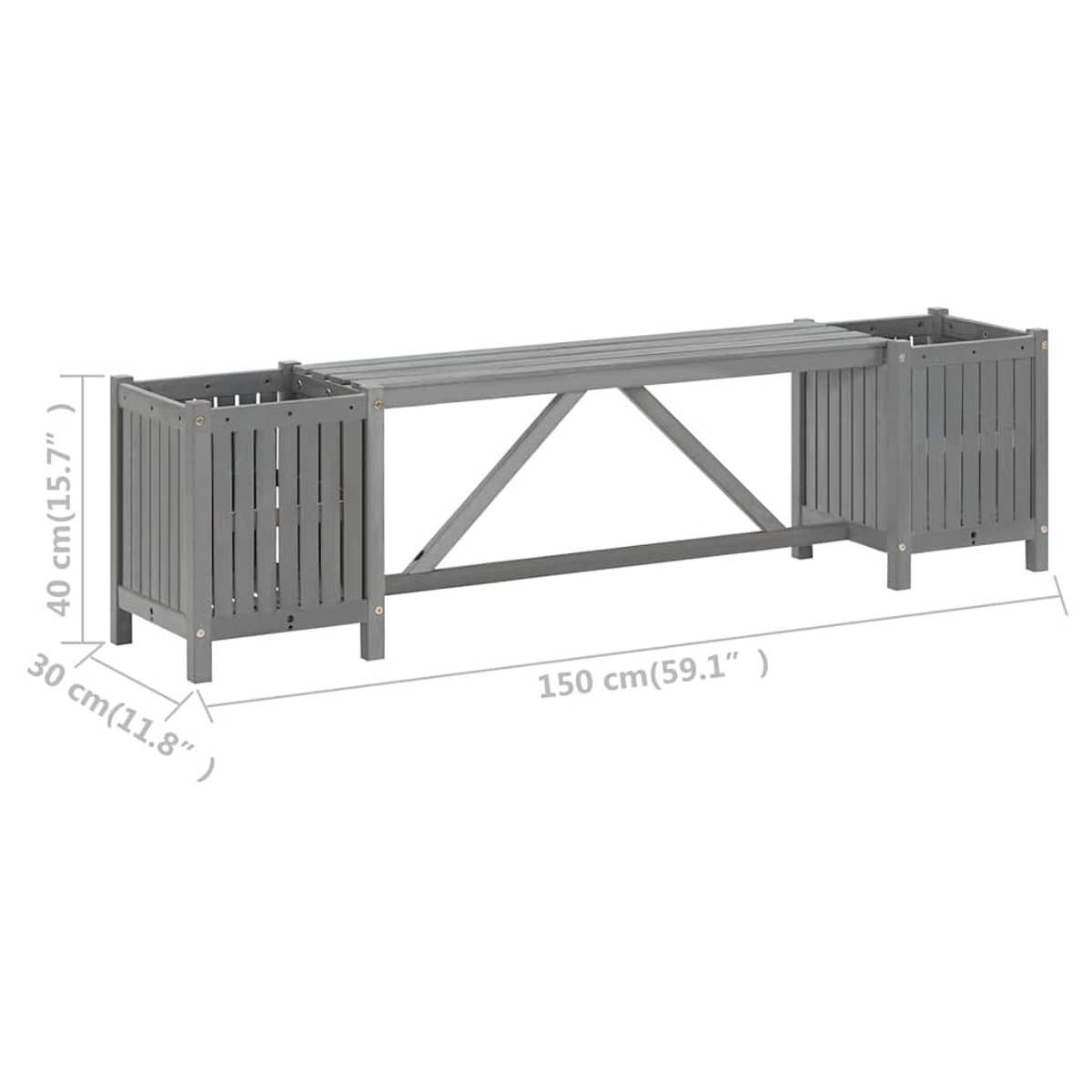 Eine graue Holzbank mit integrierten Pflanzgefäßen an jedem Ende. Abmessungen sind beschriftet, einschließlich 150 cm Länge.