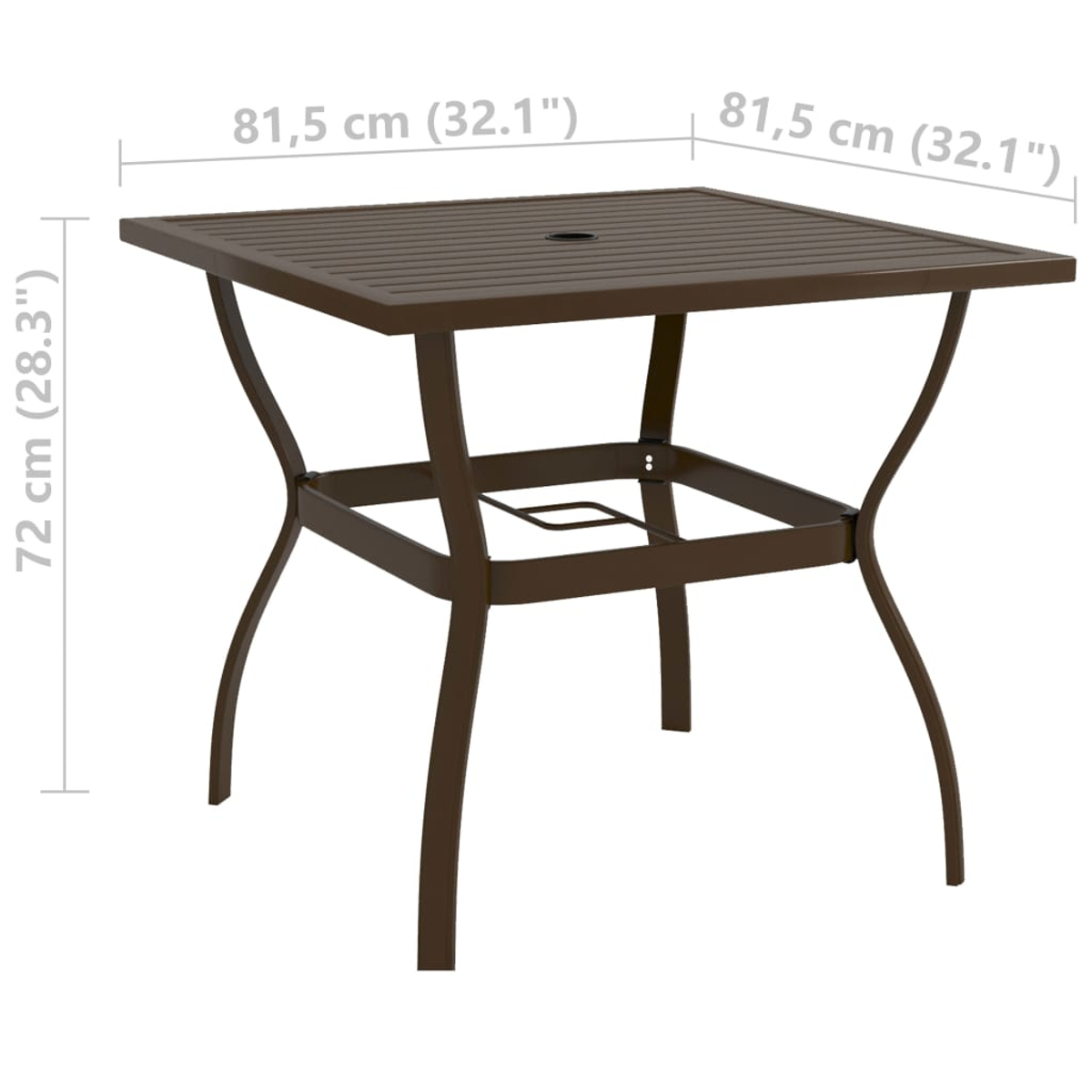 Ein brauner quadratischer Outdoor-Tisch mit gebogenen Beinen. Abmessungen: 81,5 cm (32,1") Breite, 72 cm (28,3") Höhe.
