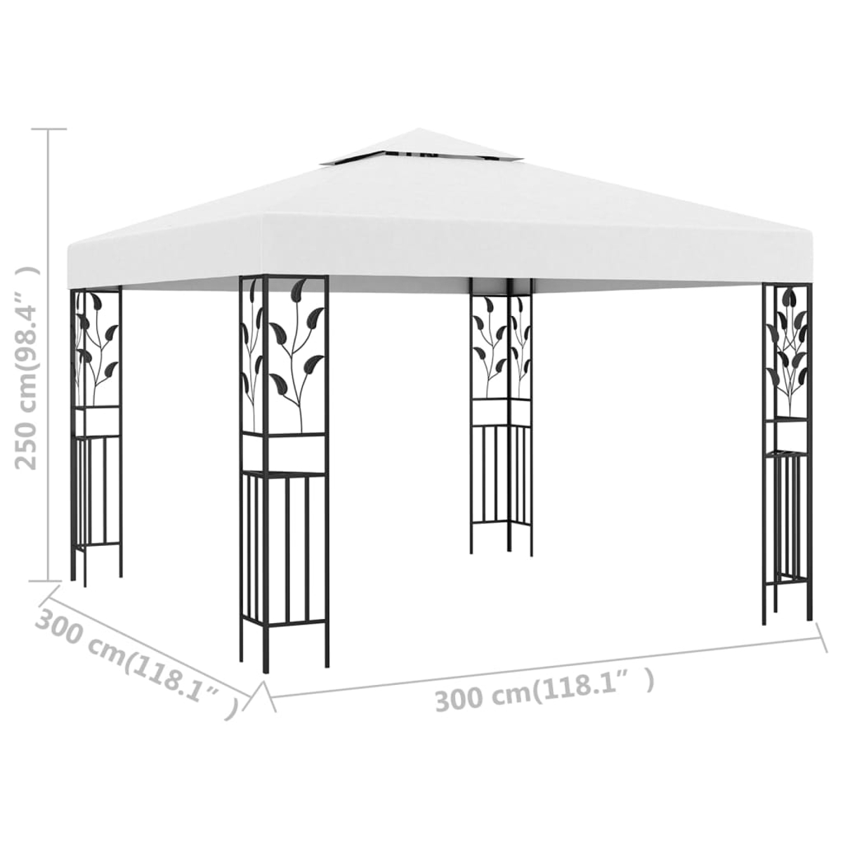 Weißer Pavillon mit schwarzem Metallrahmen. Maße sind 300x300x250 cm. Dekoratives Blattmuster auf dem Rahmen.