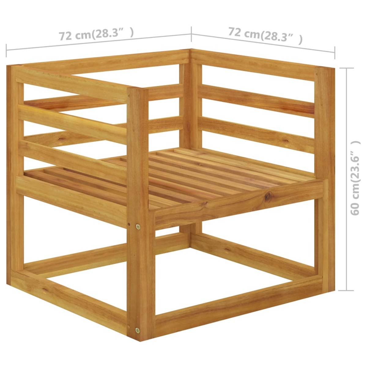 Ein quadratischer Holzstuhl mit angegebenen Abmessungen. Er hat eine Sitzfläche und Rückenlehne aus Latten und ist hellbraun.