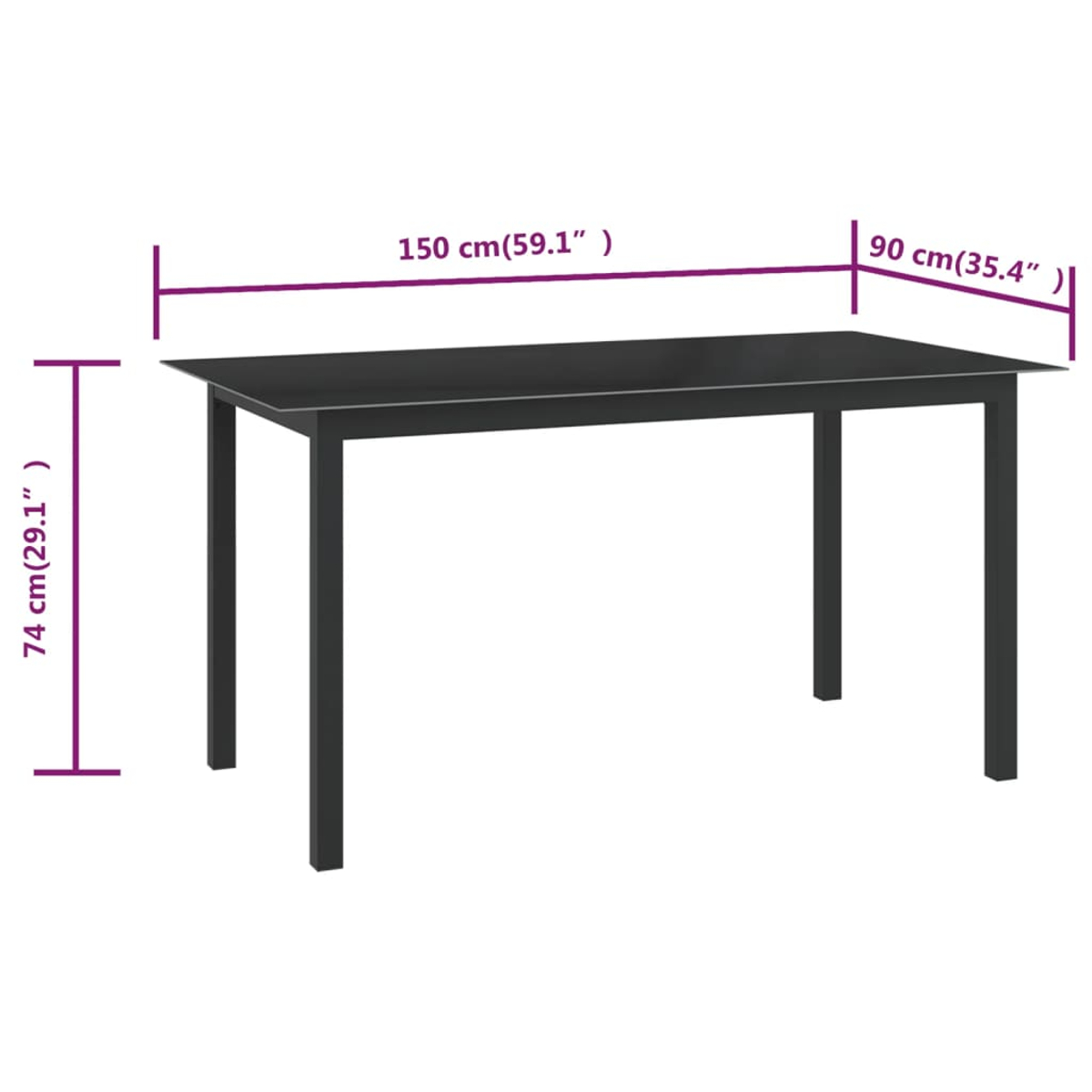 Ein schwarzer rechteckiger Tisch mit vier Beinen. Die Abmessungen sind beschriftet: 150 cm lang, 90 cm breit und 74 cm hoch.