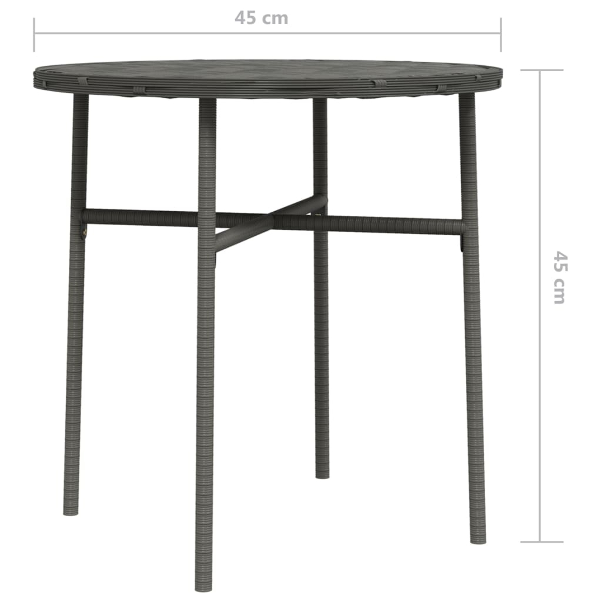 Ein grauer runder Tisch mit vier Beinen. Der Tisch hat einen Durchmesser und eine Höhe von 45 cm. Er hat ein gewebtes Design.