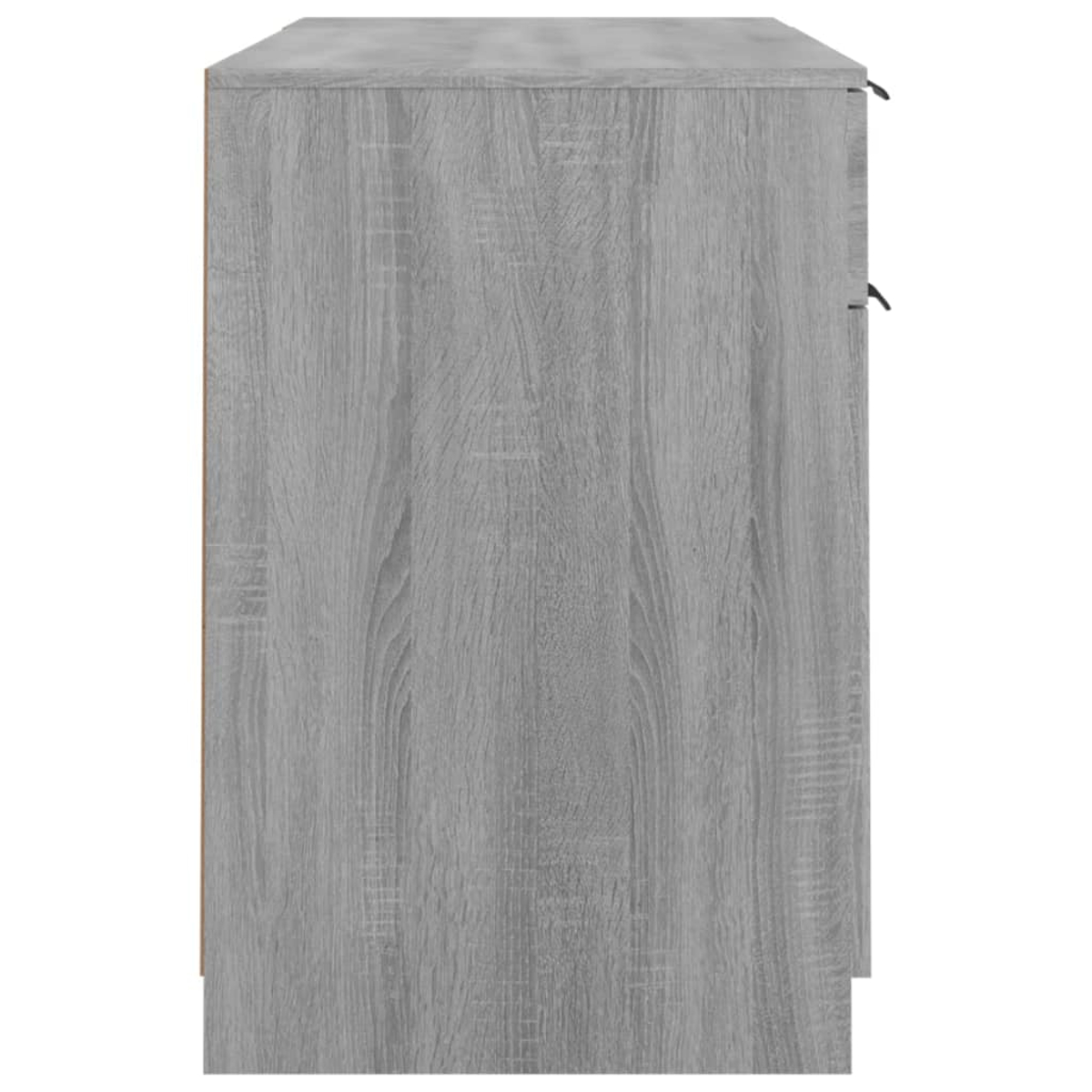 Seitenansicht eines grauen Holzschranks. Er hat eine Holzmaserung und schwarze Griffe. Der Hintergrund ist schlicht weiß.