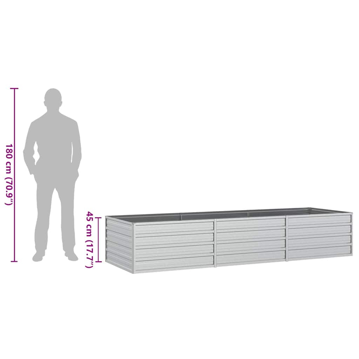 Eine graue Silhouette einer Person steht neben einem grauen rechteckigen Pflanzkasten. Die Maße sind angegeben: 180 cm (70,9") und 45 cm (17,7").