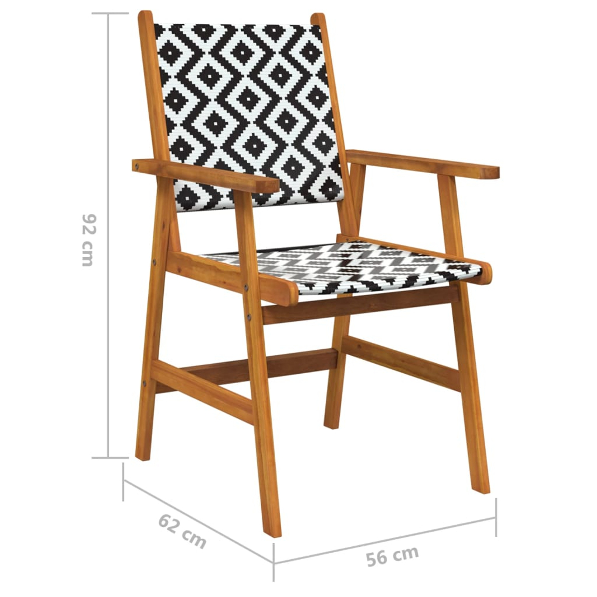 Holzstuhl mit schwarz-weißem geometrischen Muster auf Sitz und Rückenlehne. Maße angegeben.
