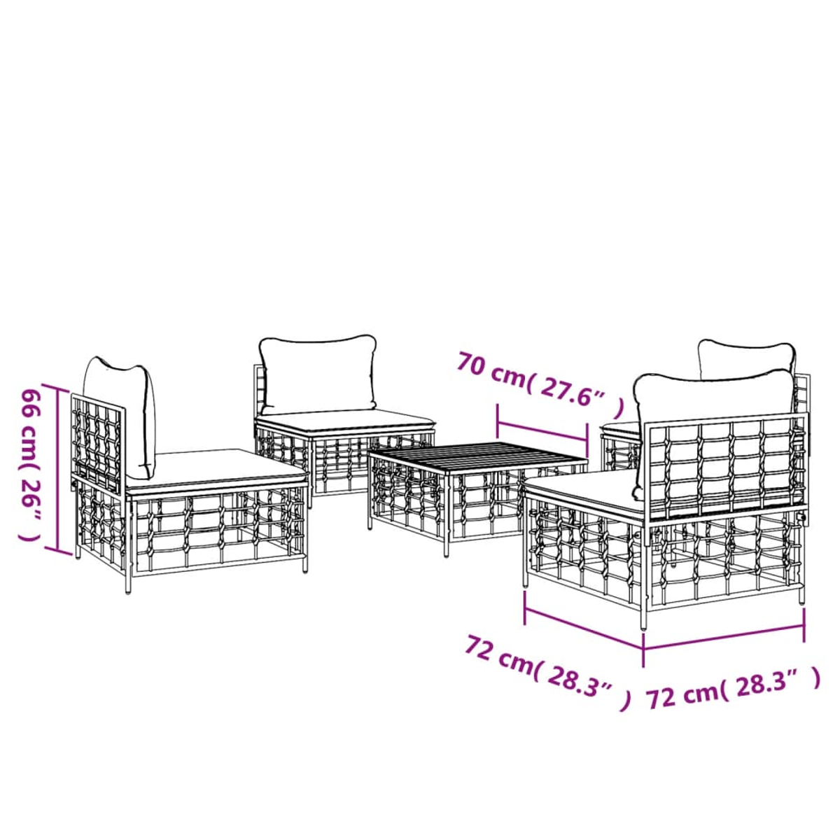 Ein Set von Gartenmöbeln wird gezeigt, darunter zwei Stühle und ein Tisch. Abmessungen sind in Zentimetern angegeben.