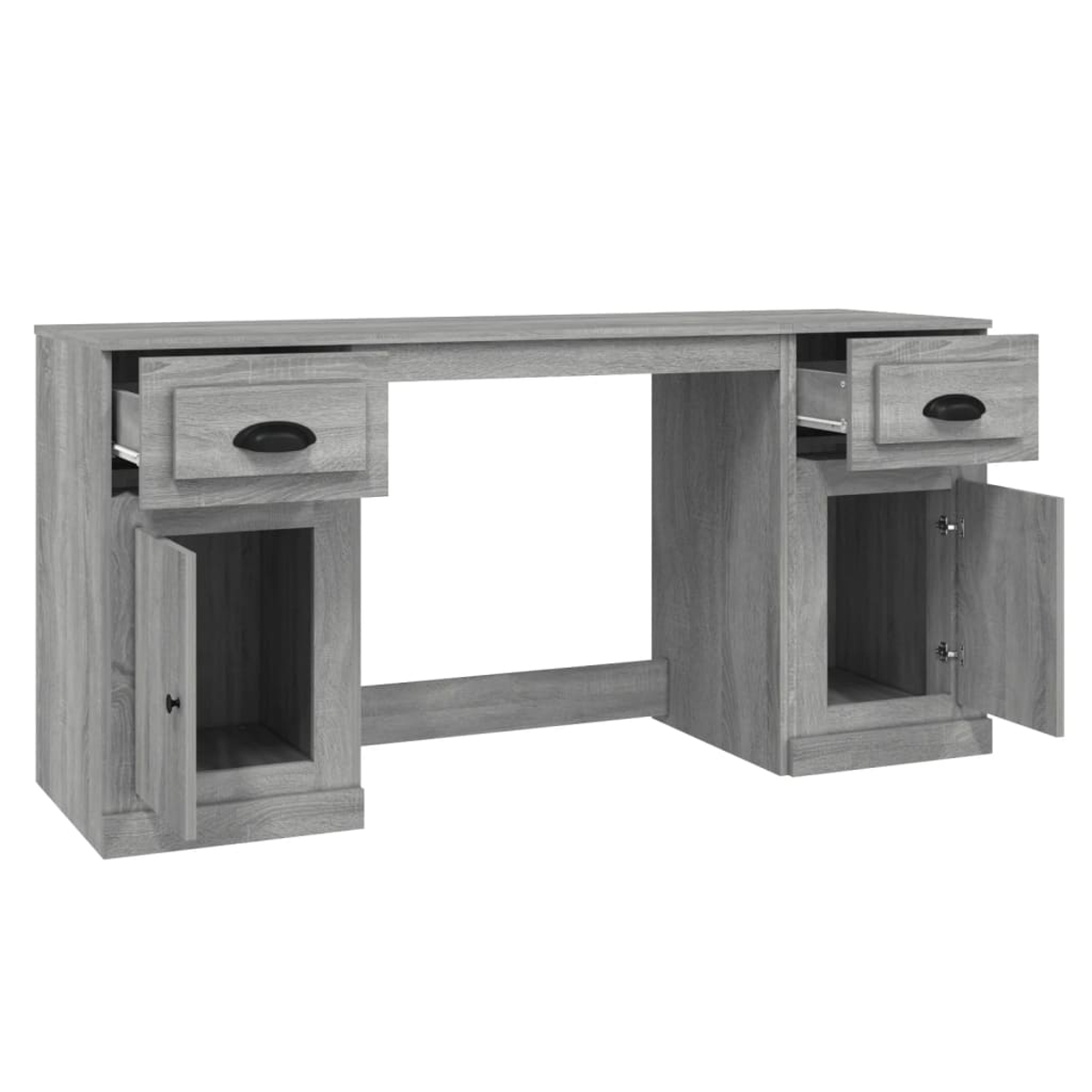 Ein grauer Holzschreibtisch mit Schubladen und Schränken. Einige Schubladen und eine Schranktür sind geöffnet und zeigen leere Räume.