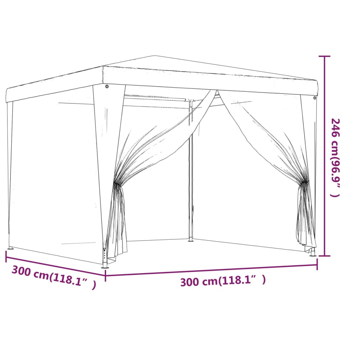 Strichzeichnung eines Pavillons mit Maßangaben. Der Pavillon hat Vorhänge, ein spitzes Dach und ist rechteckig.