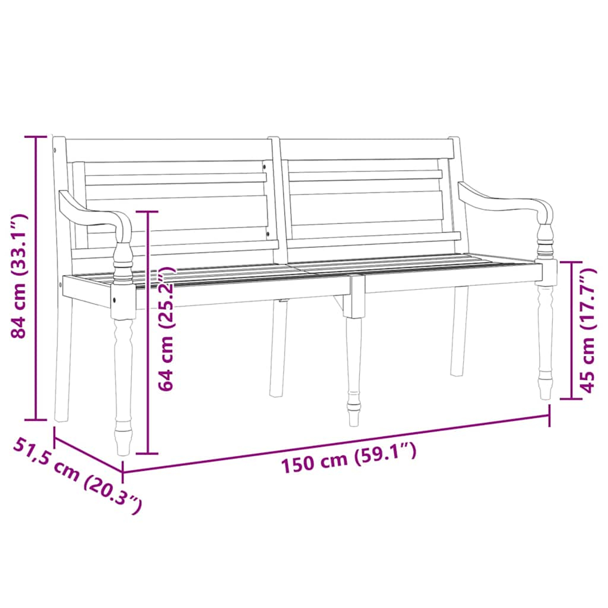 Eine Strichzeichnung einer Holzbank mit Maßangaben: 150 cm lang, 84 cm hoch, 64 cm Sitzhöhe, 45 cm Beinhöhe und 51,5 cm breit.