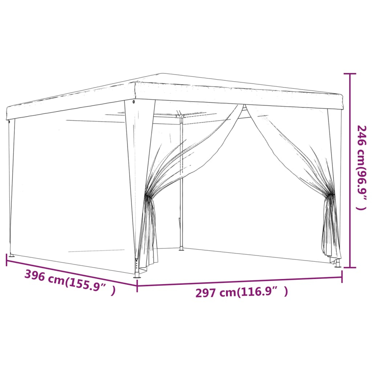 Ein Gazebo-Diagramm mit Abmessungen in Zentimetern und Zoll. Es zeigt einen rechteckigen Rahmen und drapierte Vorhänge.