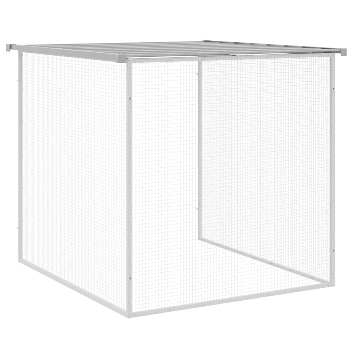 Ein Metallkäfig mit grauem Dach. Der Käfig hat ein Maschendrahtdesign. Die Struktur ist leer und steht auf weißem Hintergrund.