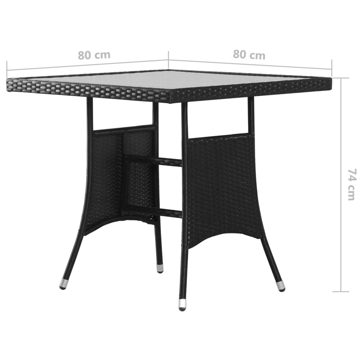 Ein schwarzer quadratischer Tisch mit Glasplatte. Maße: 80cm x 80cm x 74cm. Wicker-Design an Seiten und Beinen.