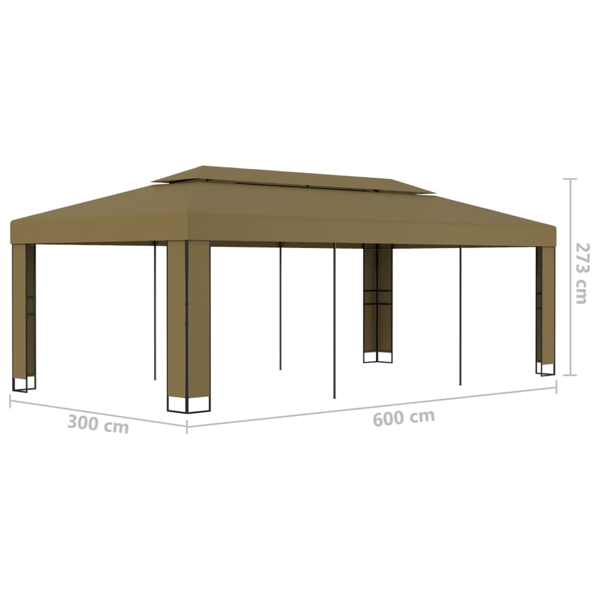 Ein brauner Pavillon mit den angegebenen Abmessungen: 300 cm breit, 600 cm lang und 273 cm hoch.