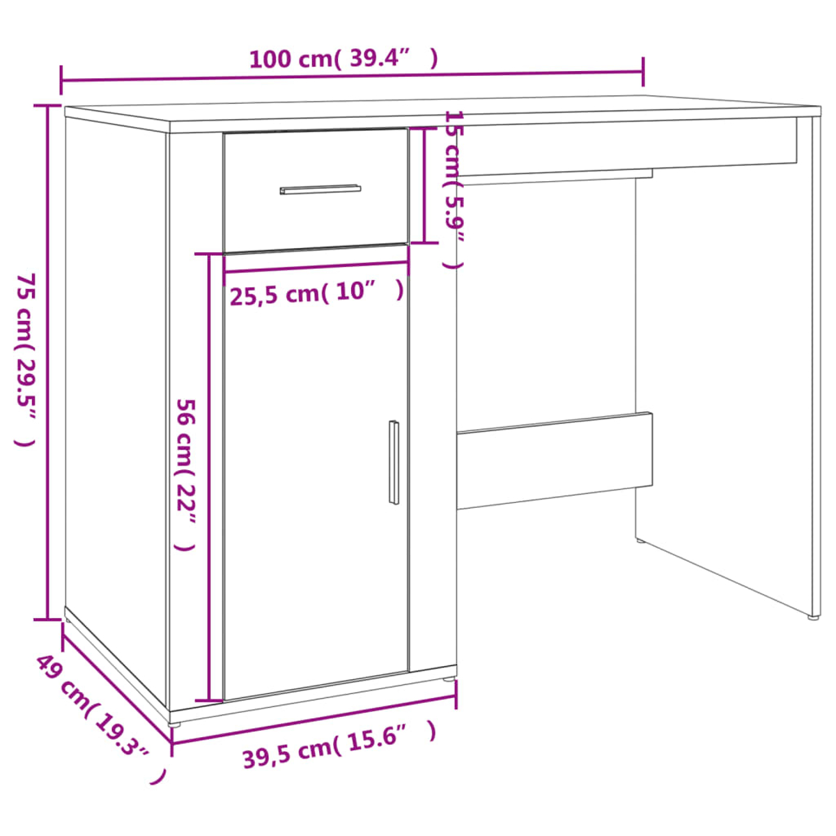 Ein weißer Schreibtisch mit Schublade und Schrank. Abmessungen in Zentimetern und Zoll, einschließlich Höhe, Breite und Tiefe.