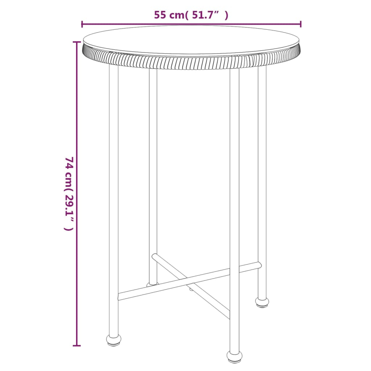 Ein runder Tisch mit detailliertem Randdesign und vier Beinen. Abmessungen sind beschriftet: 55 cm (51,7") Breite, 74 cm (29,1") Höhe.