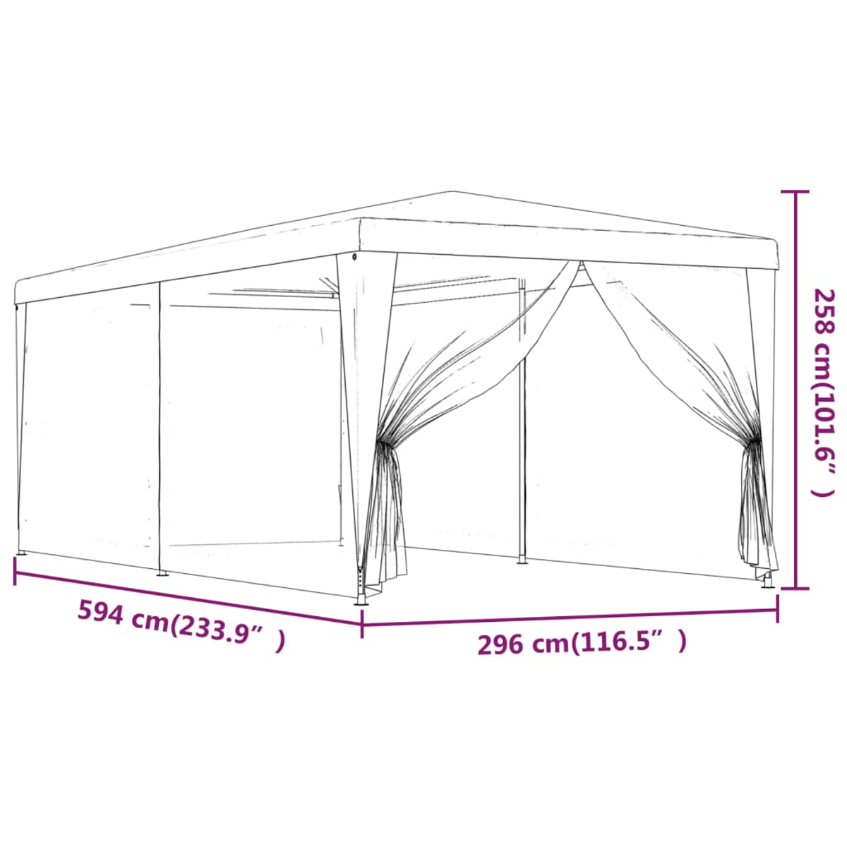 Strichzeichnung eines rechteckigen Pavillons mit Vorhängen. Maße sind beschriftet: 594 cm, 296 cm und 258 cm. Weißer Hintergrund.