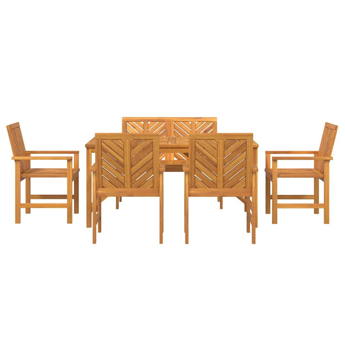 Holz-Essgruppe für den Außenbereich: Tisch, zwei Sessel und drei Stühle. Alles aus hellbraunem Holz, vor weißem Hintergrund.