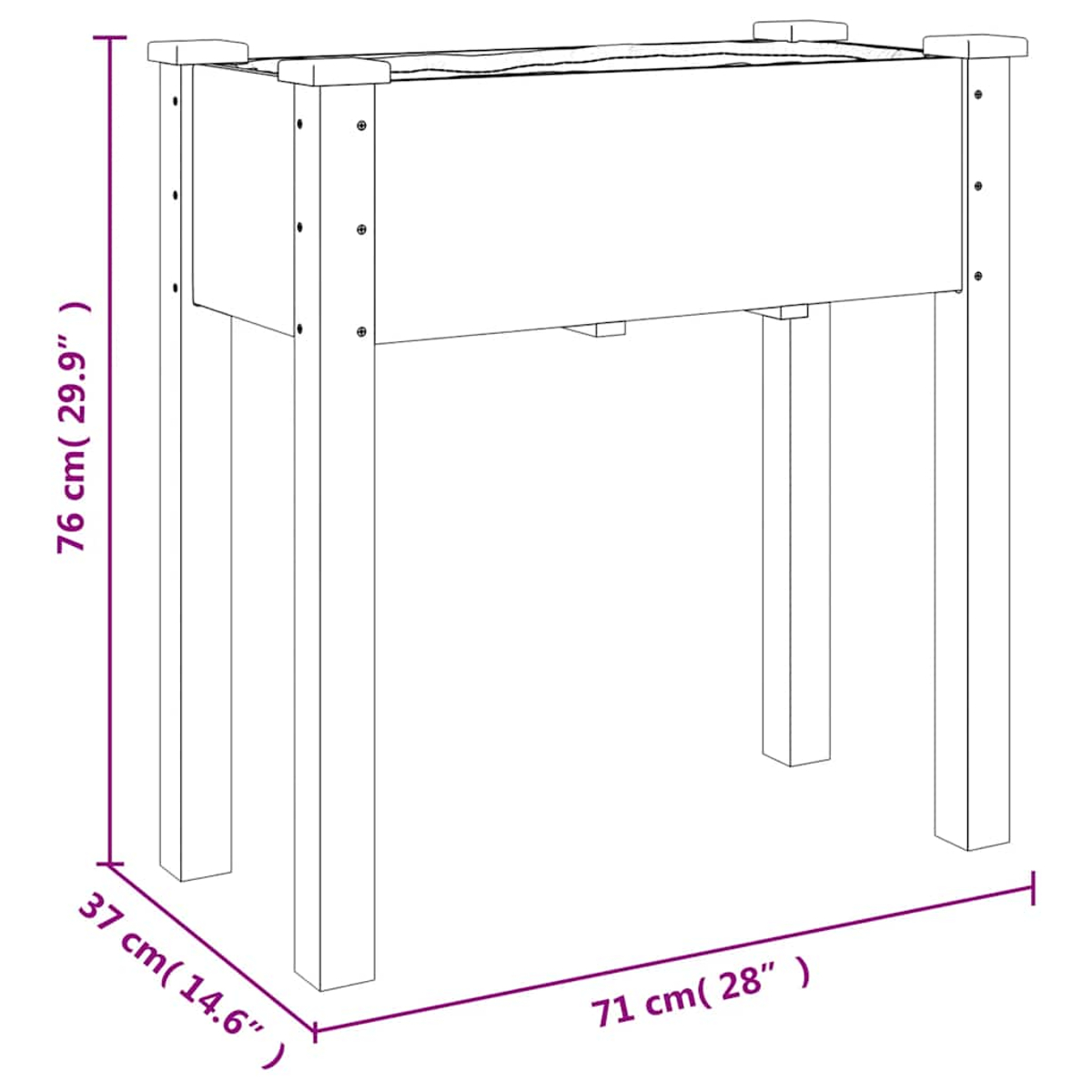 Ein hölzerner Pflanzkasten mit vier Beinen. Abmessungen: 76cm Höhe, 37cm Breite, 71cm Länge. Der Stil ist minimalistisch.