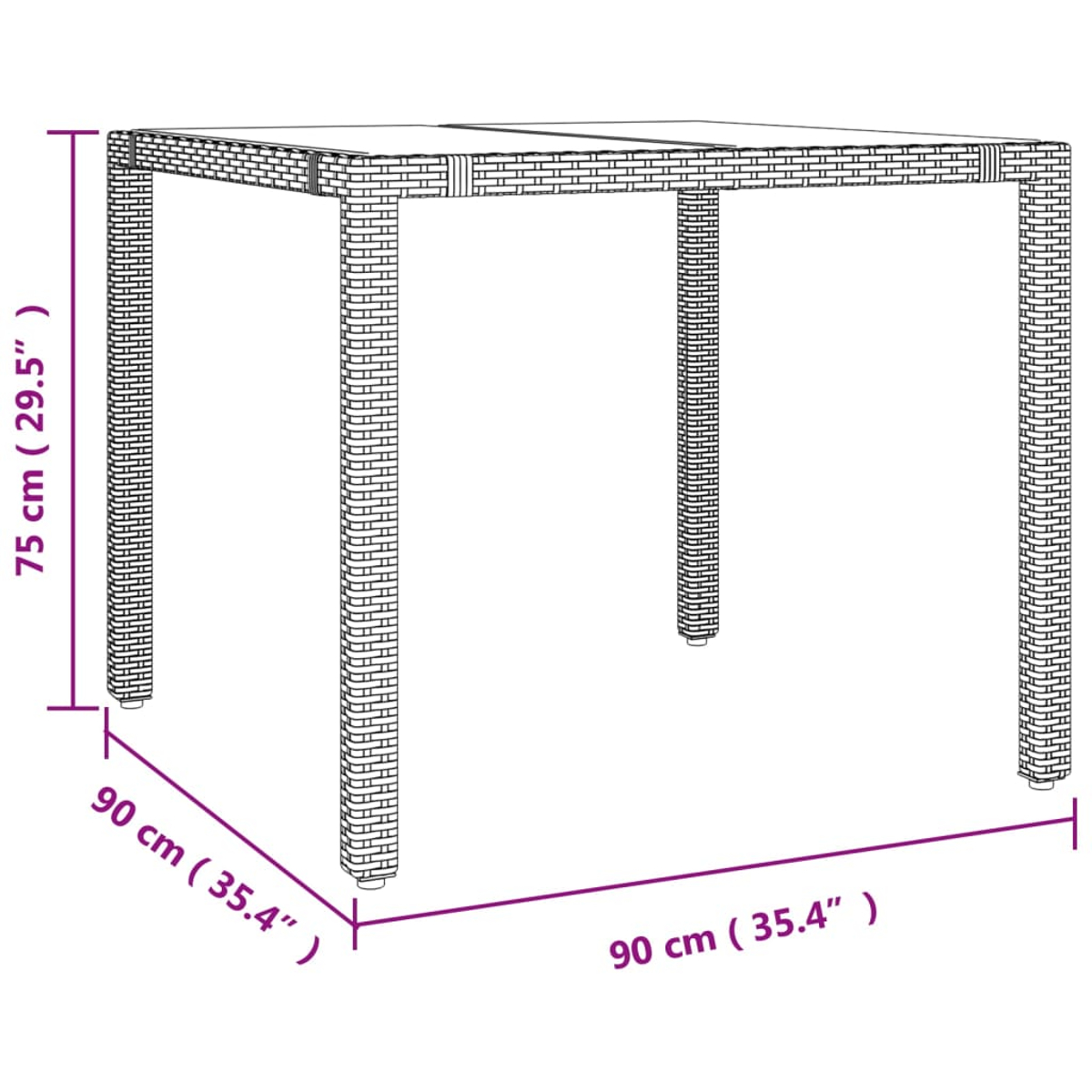 Eine schematische Zeichnung eines quadratischen Tisches. Maße sind angegeben: 75 cm Höhe, 90 cm Breite und Länge.