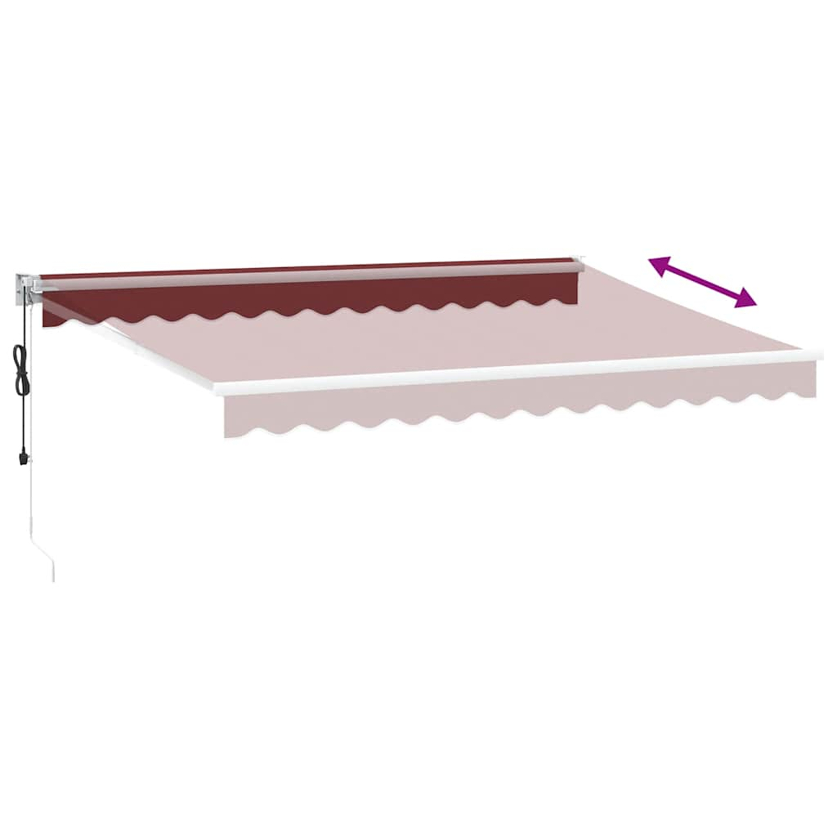 Eine ausziehbare Markise ist an einer weißen Wand angebracht. Die Markise ist überwiegend hellbeige mit einem dunkelroten Oberteil. Pfeile zeigen die Bewegung an.