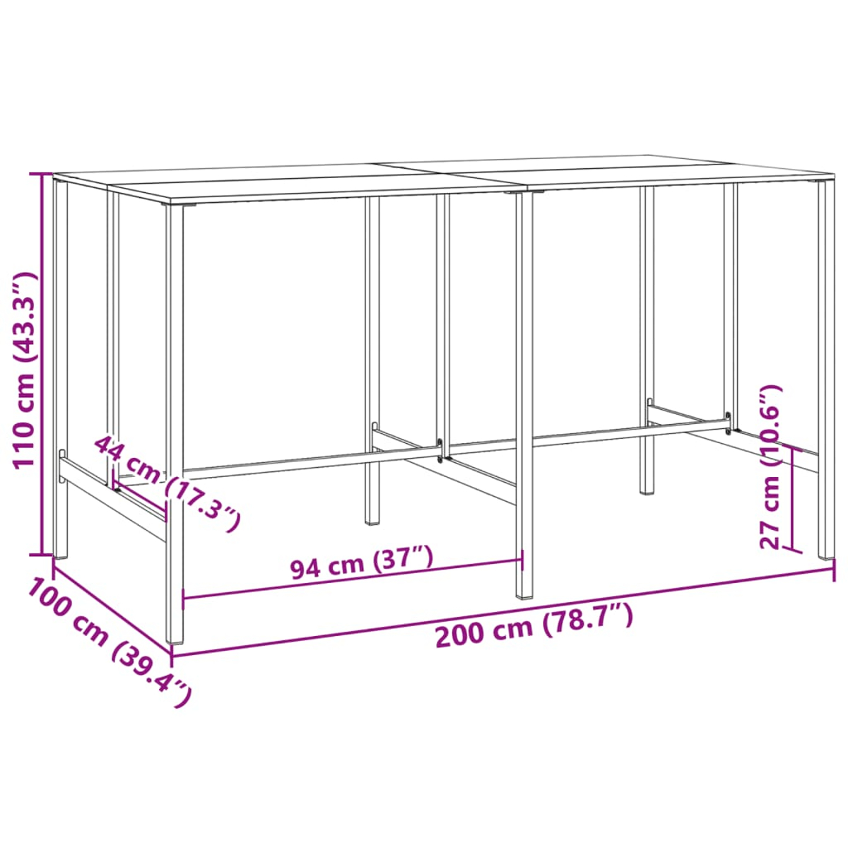 Diagramm eines rechteckigen Tisches mit Maßangaben in Zentimetern und Zoll. Der Tisch besteht aus einem Metallrahmen.