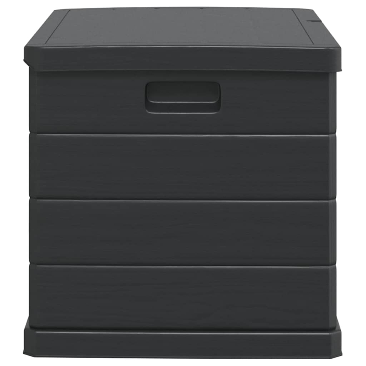 Eine dunkelgraue Kunststoff-Aufbewahrungsbox. Sie hat einen Griff an der Vorderseite und einen Deckel. Die Box hat eine strukturierte, holzähnliche Optik.