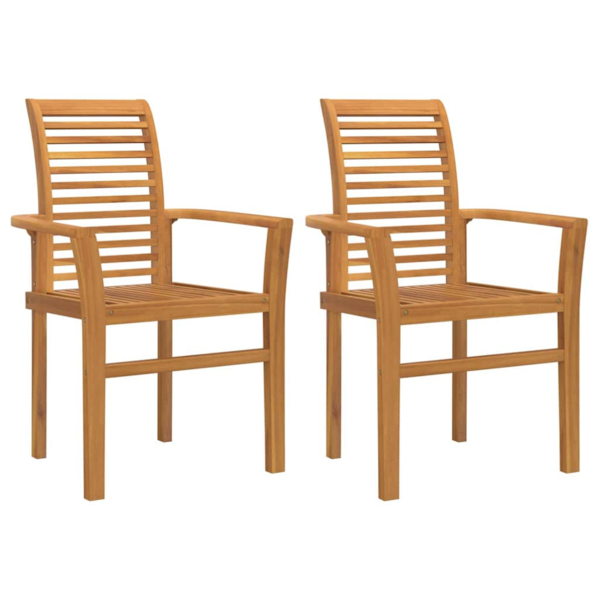 Zwei Holzstühle mit Armlehnen stehen nebeneinander. Jeder hat eine Lamellenlehne und -sitz. Der Hintergrund ist weiß.