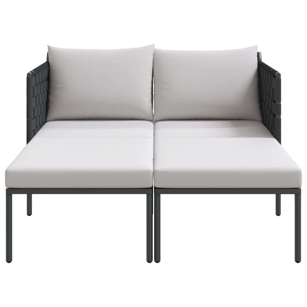 Ein modernes Outdoor-Sofa mit zwei weißen Kissen und Sitzen. Der Rahmen ist dunkelgrau, der Hintergrund weiß.