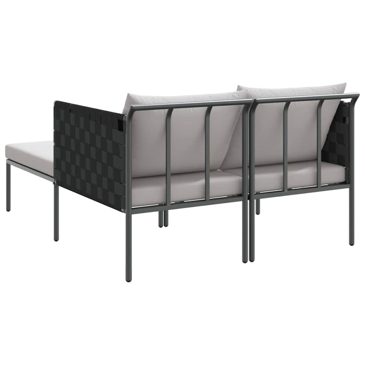 Moderne Outdoor-Couch mit grauen Kissen und einer schwarzen, gewebten Seitenwand. Das Gestell ist dunkelgrau. Die Couch steht auf weißem Hintergrund.