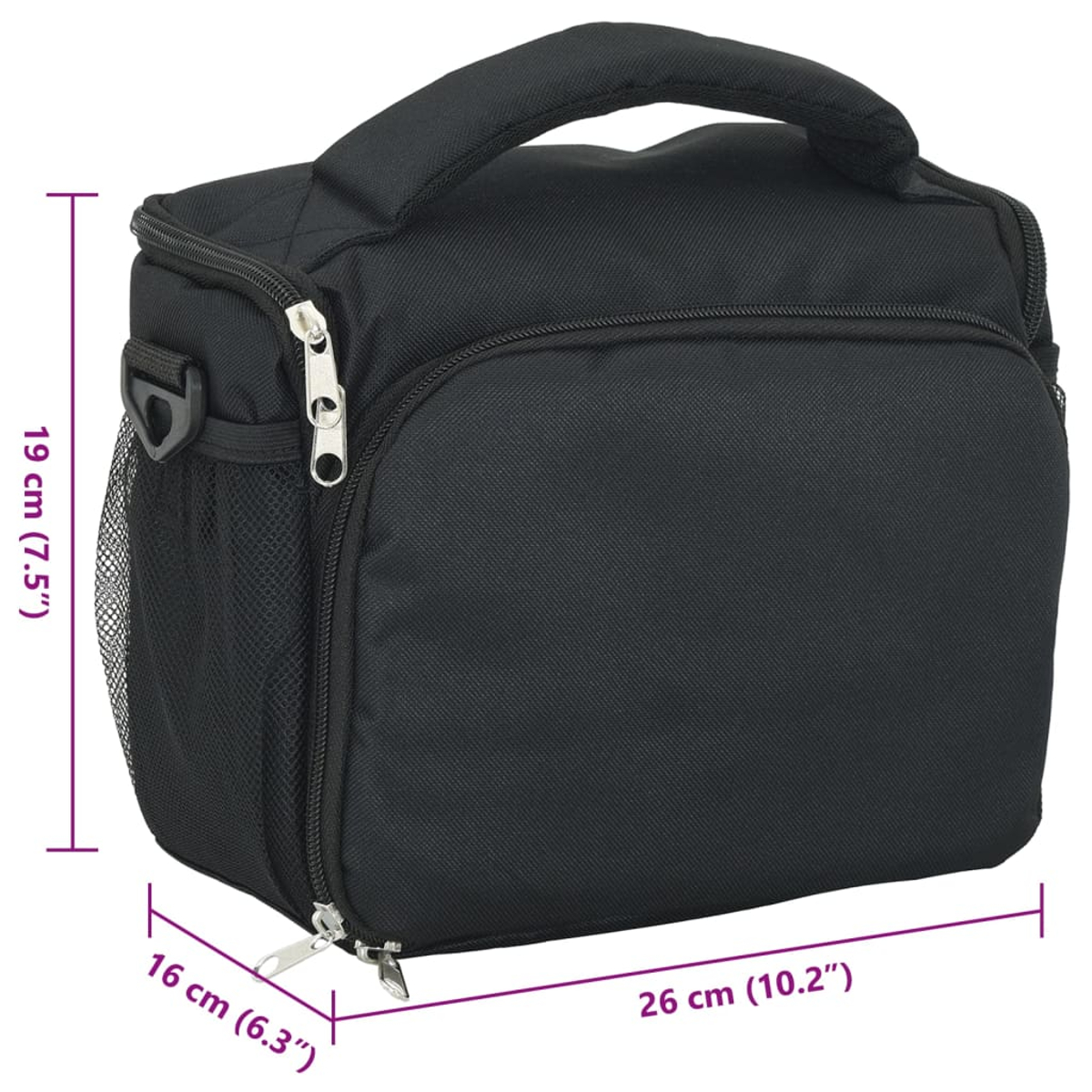 Schwarze Lunch-Tasche mit Griff, Reißverschluss und seitlicher Netztasche. Abmessungen: 26x16x19 cm. Maße sind auf dem Bild angegeben.