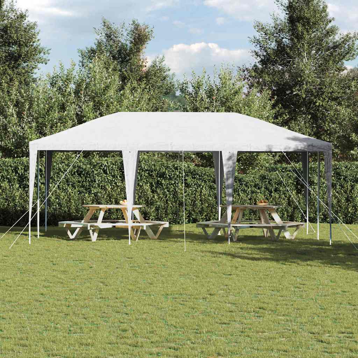 Ein weißes Zelt mit zwei Picknicktischen steht auf grünem Gras. Bäume und Büsche bilden eine Kulisse unter blauem Himmel.