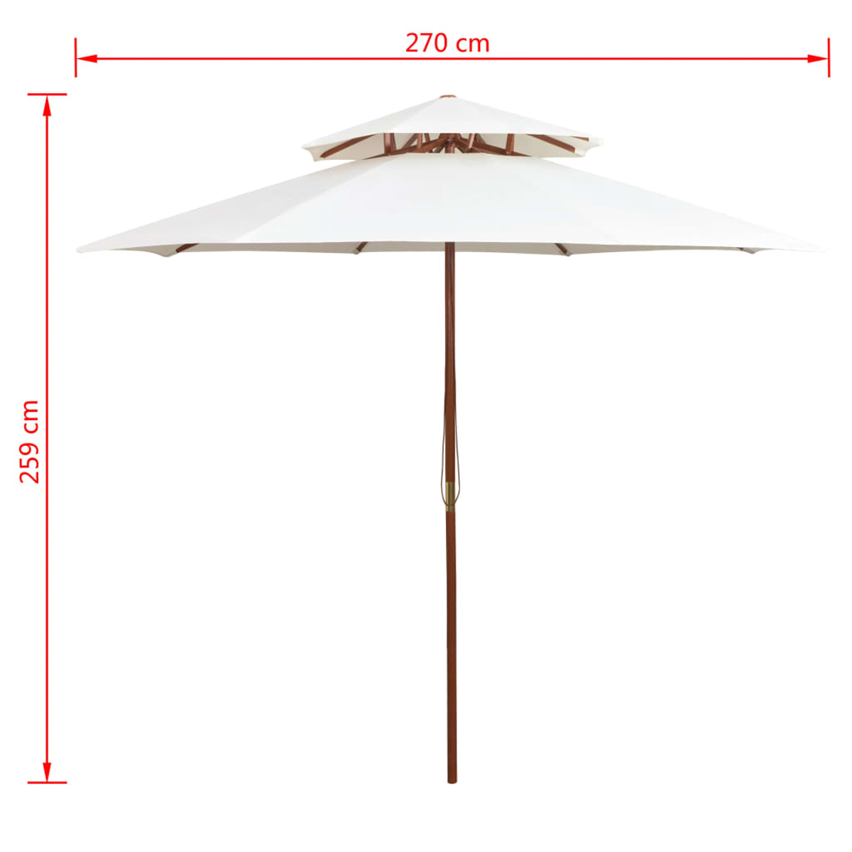 Ein weißer, zweistufiger Sonnenschirm mit Holzpfahl. Maße sind angegeben: 270 cm breit, 259 cm hoch.