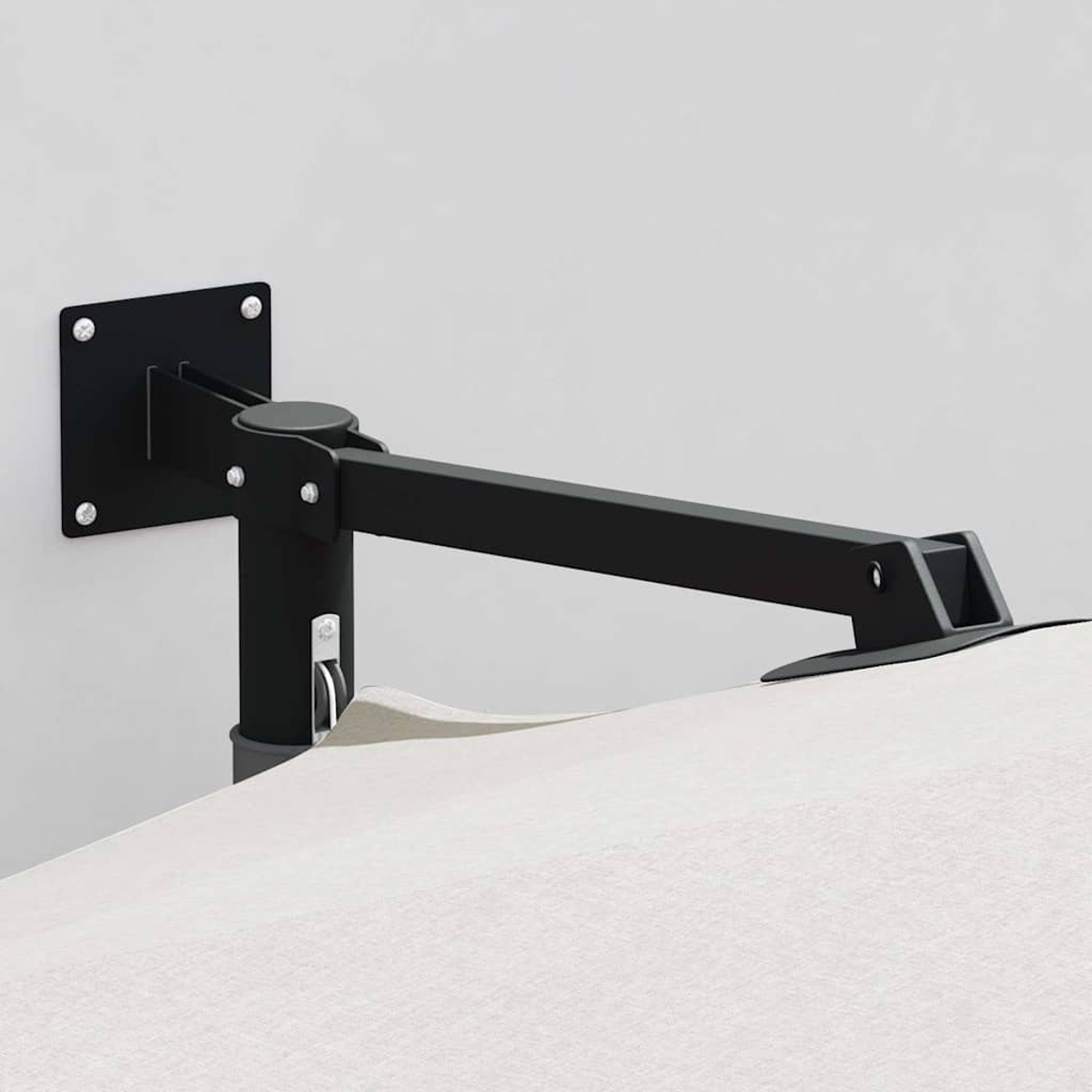 Schwarzer Metallarm an einer weißen Wand befestigt. Der Arm trägt einen weißen Stoff. Der Arm hat Gelenke und ist an der Wand befestigt.