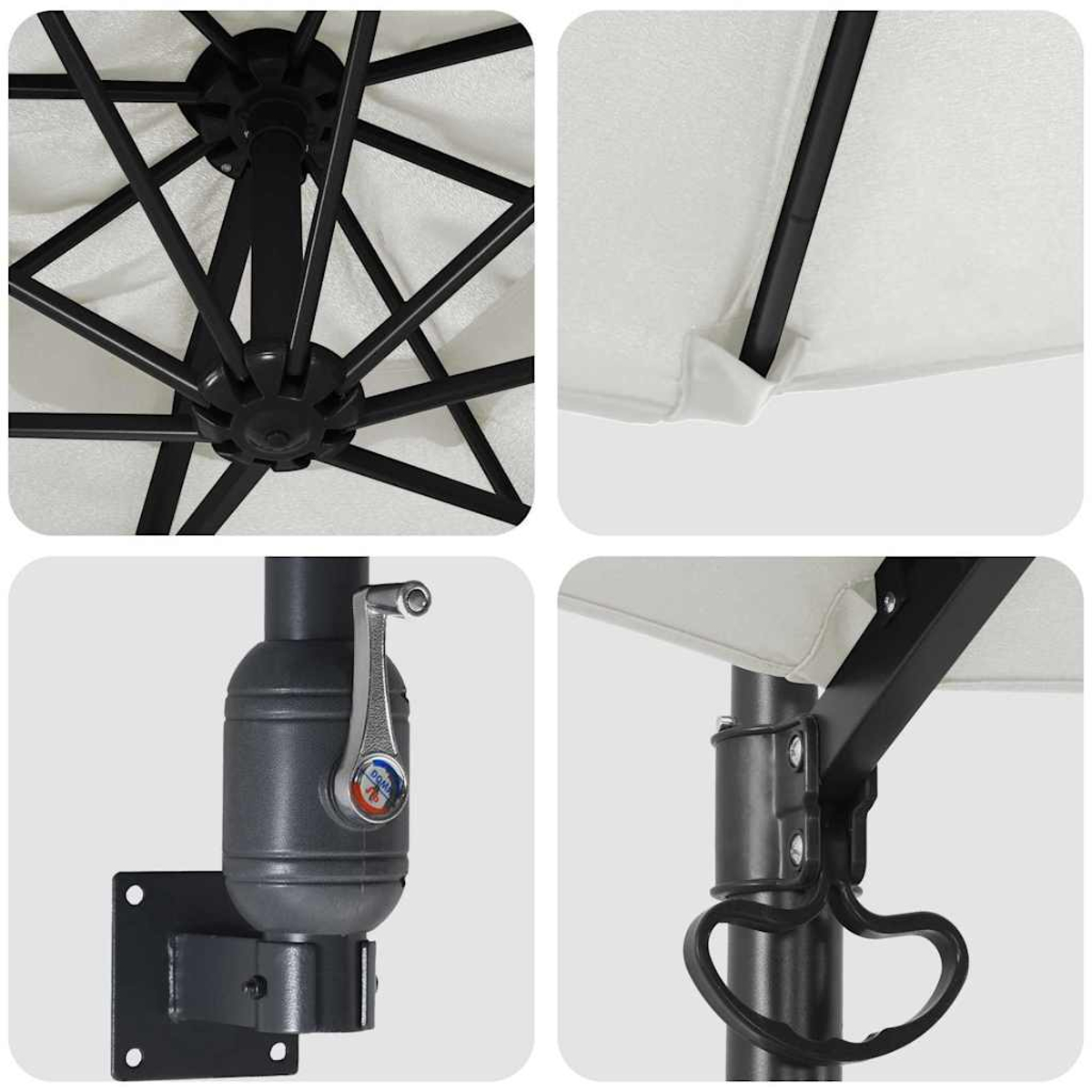 Nahaufnahmen eines schwarzen Sonnenschirms. Details umfassen Rahmen, Kurbel und Stoff. Abschnitte zeigen Mechanismen und Materialien.