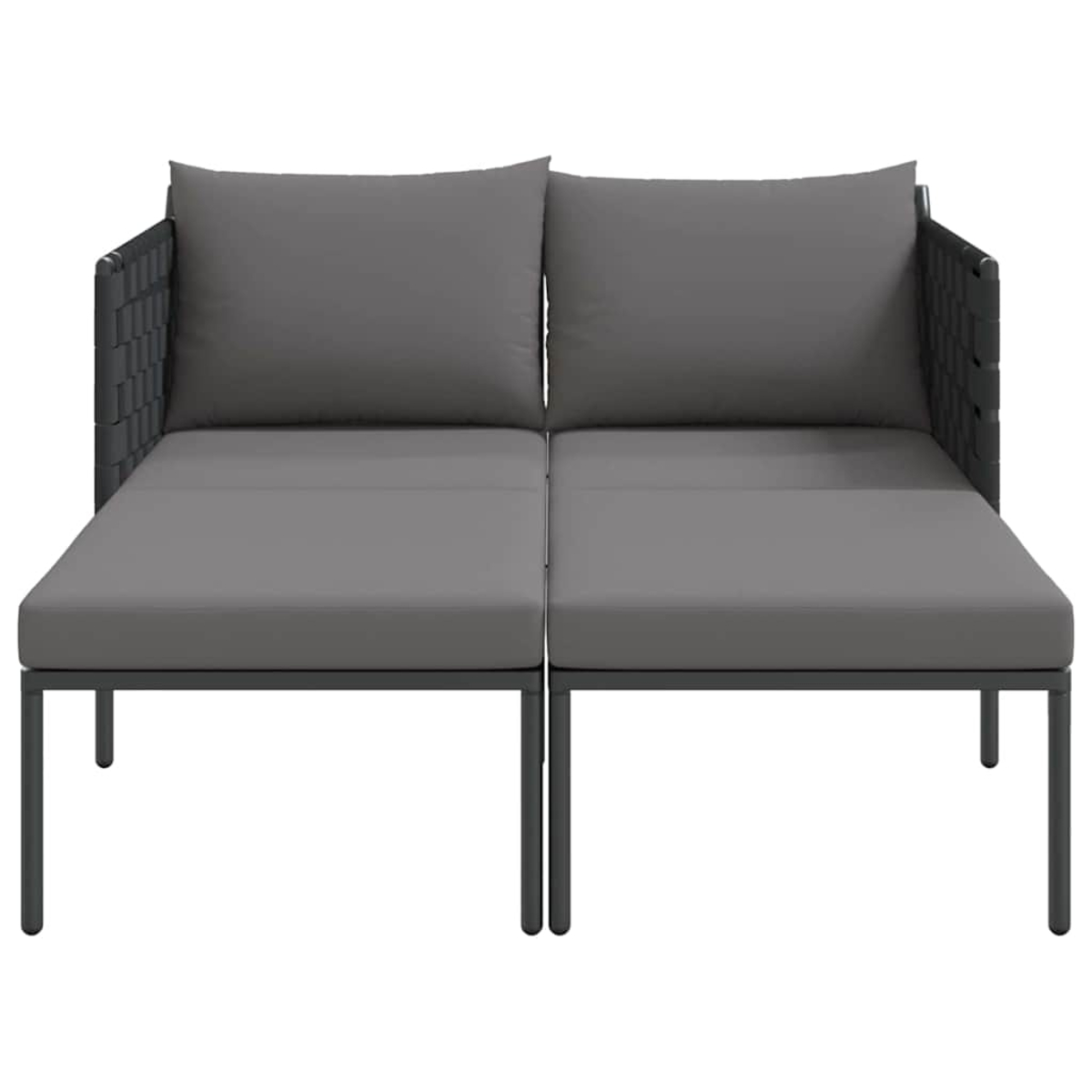 Graues Outdoor-Ecksofa mit zwei Sitz- und zwei Rückenkissen auf einem schwarzen Metallrahmen.