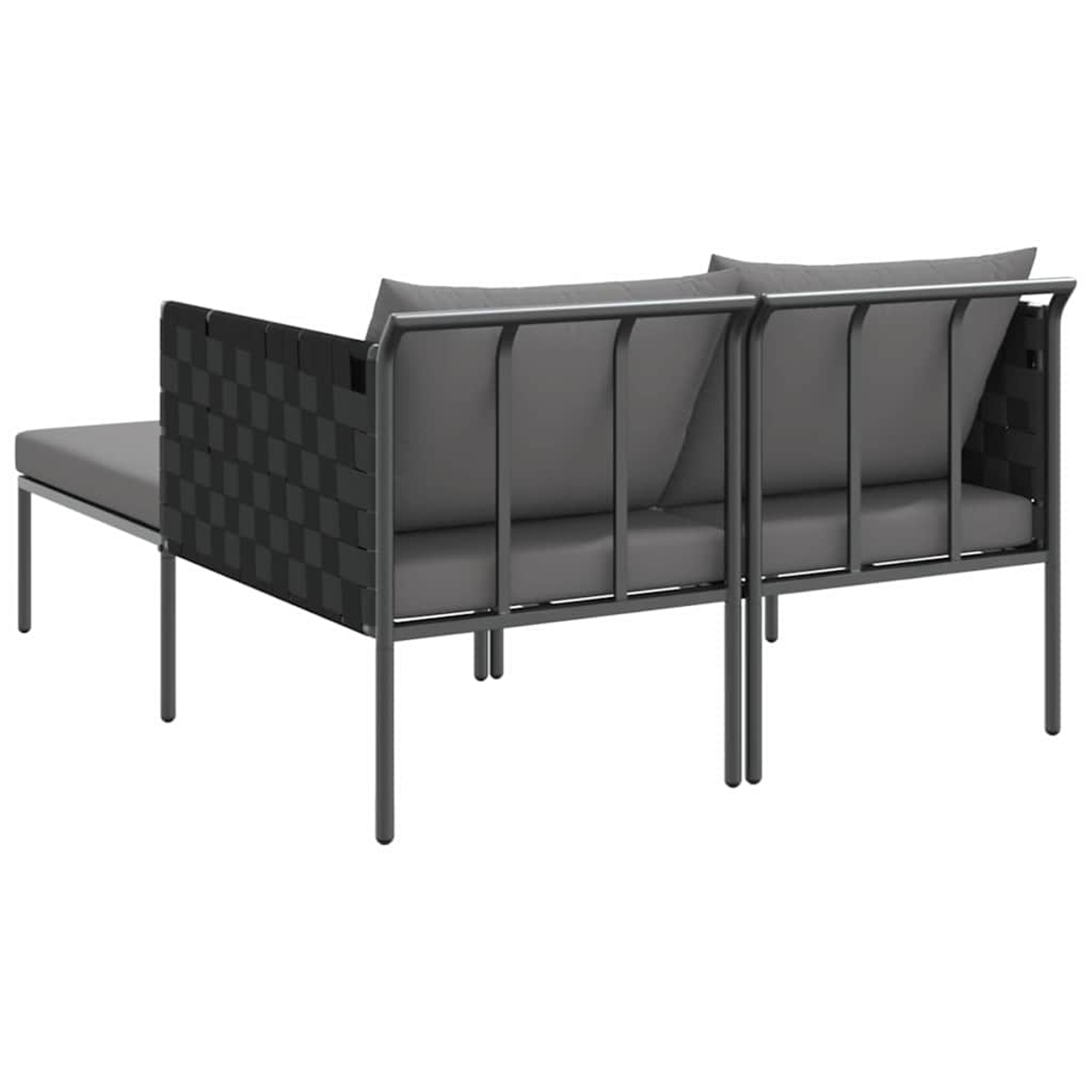 Graues Outdoor-Ecksofa. Die Rückenlehne hat Metallrahmen mit grauen Kissen. Die Seite hat ein gewebtes schwarz-graues Muster.