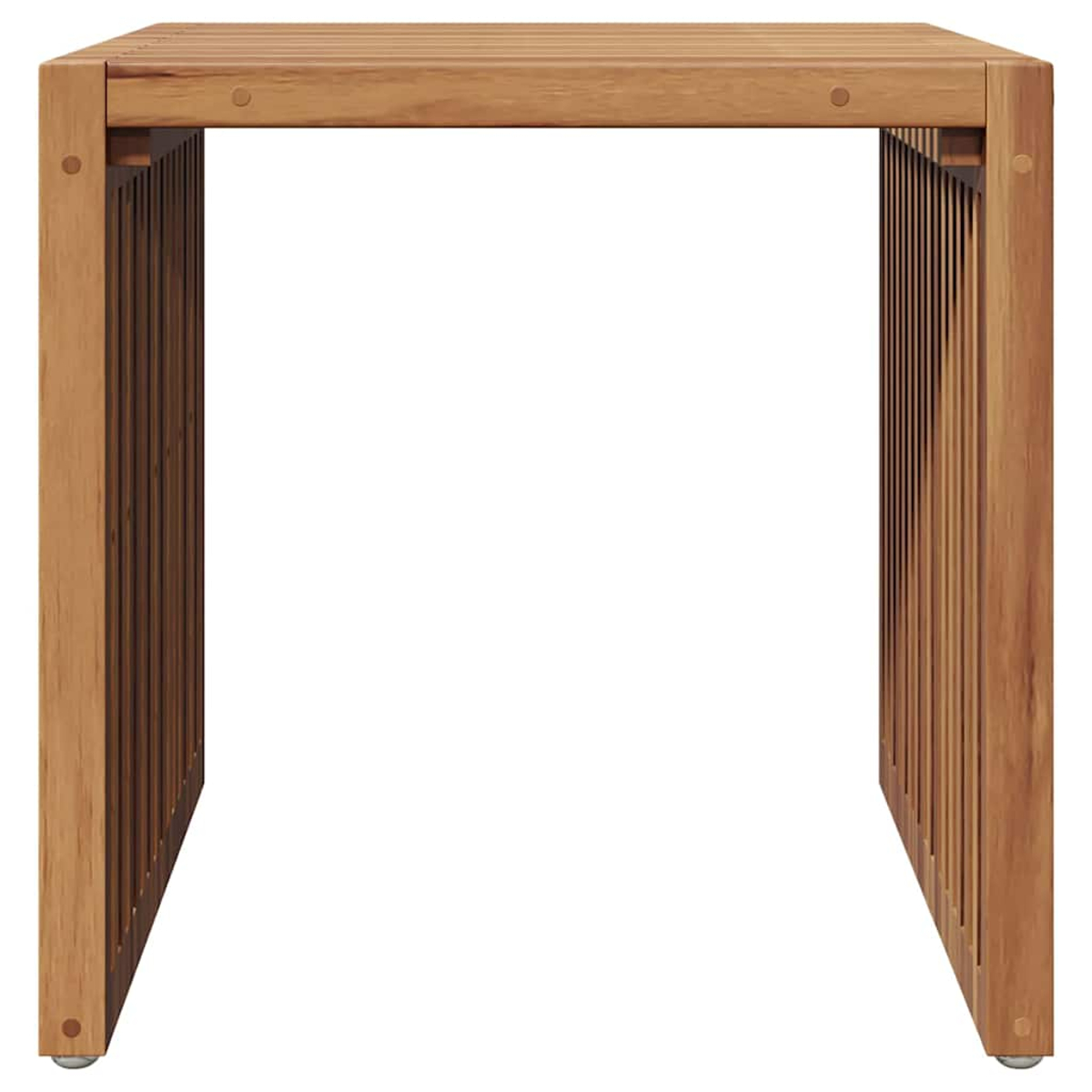 Ein Holztisch mit rechteckiger Platte und Lamellen an den Seiten, vor weißem Hintergrund, mit kleinen Metallfüßen.
