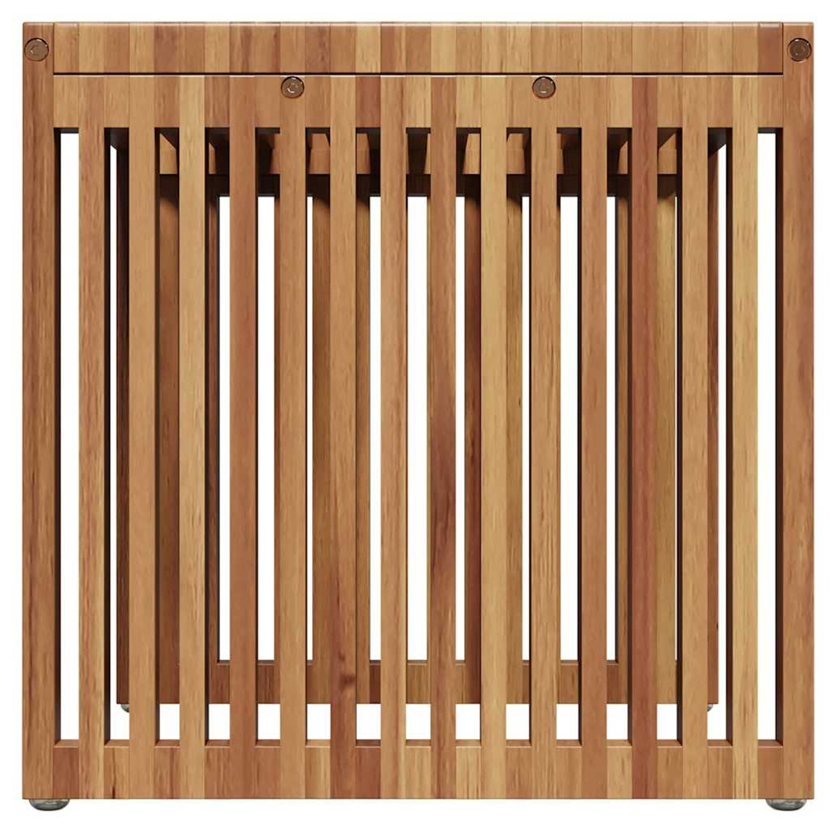 Holzstruktur mit vertikalen Lamellen und horizontalen Rahmen. Helles und dunkles braunes Holz. Zwei Metallkreise oben. Weißer Hintergrund.