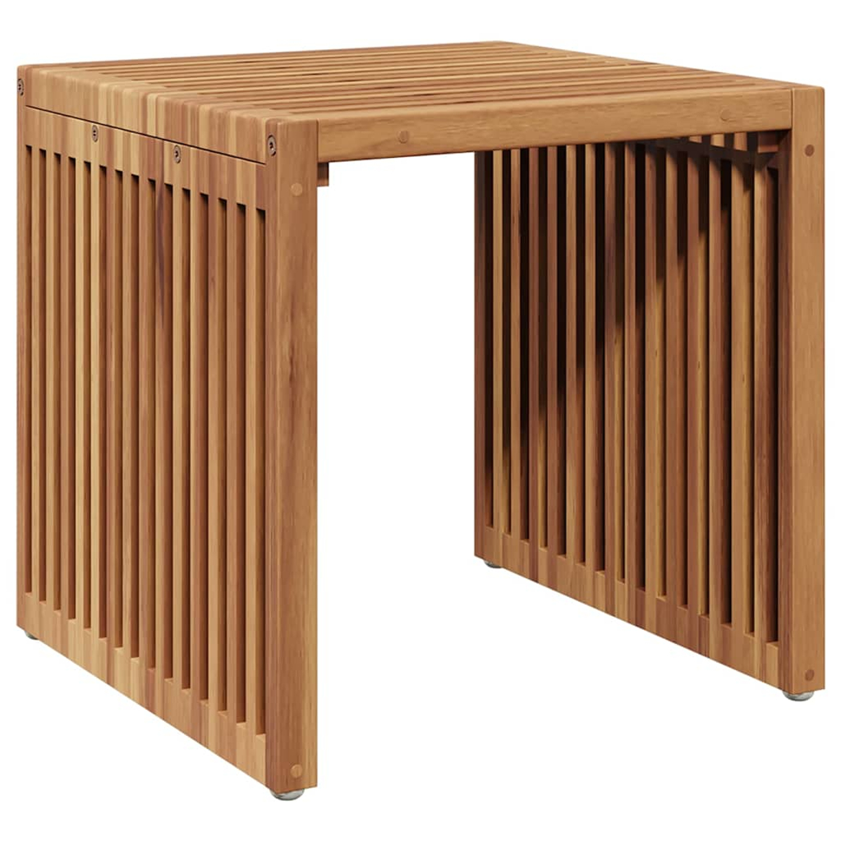 Ein quadratischer Holztisch mit vertikalen Lamellen an den Seiten und oben. Der Tisch ist hellbraun und hat ein modernes Design.