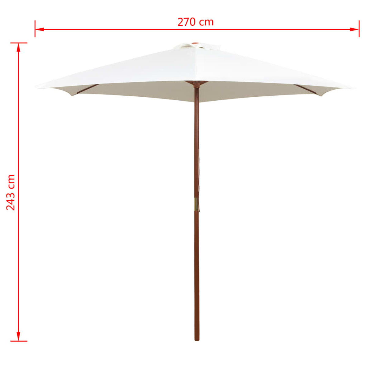 Ein weißer quadratischer Sonnenschirm, offen. Er hat eine braune Holzstange und einen Rahmen. Abmessungen: 270 cm breit, 243 cm hoch.