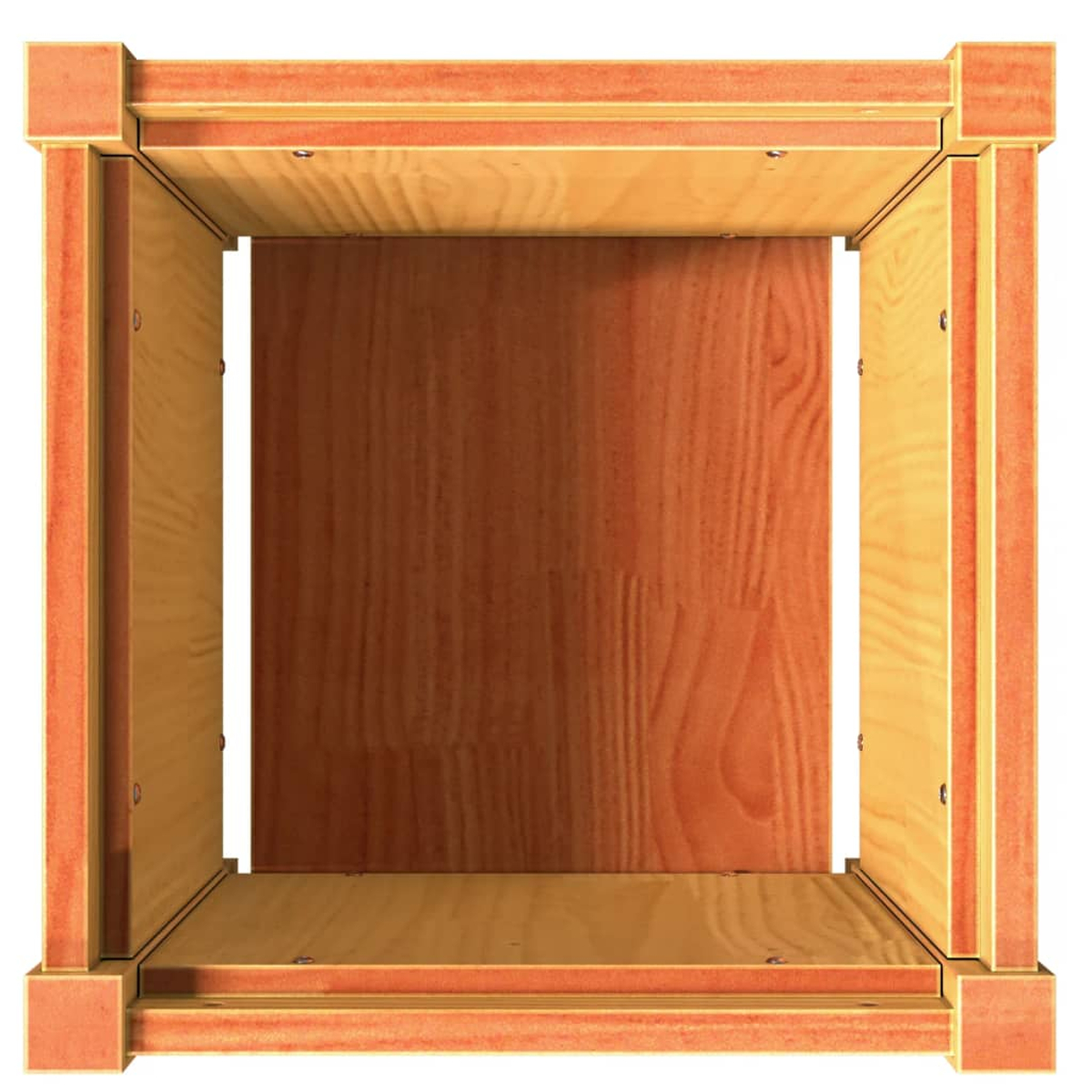 Leere Holzkiste, von oben gesehen. Die Kiste hat eine quadratische Öffnung und besteht aus hellbraunem Holz mit dunklerem Innenraum.