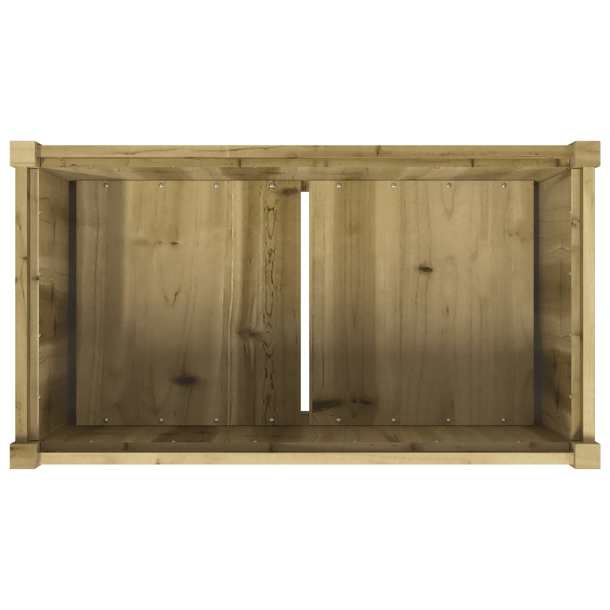 Eine hölzerne Aufbewahrungseinheit mit einer zentralen vertikalen Lücke. Das Holz ist hellbraun. Die Einheit hat eine rechteckige Form mit Boden und Deckel.