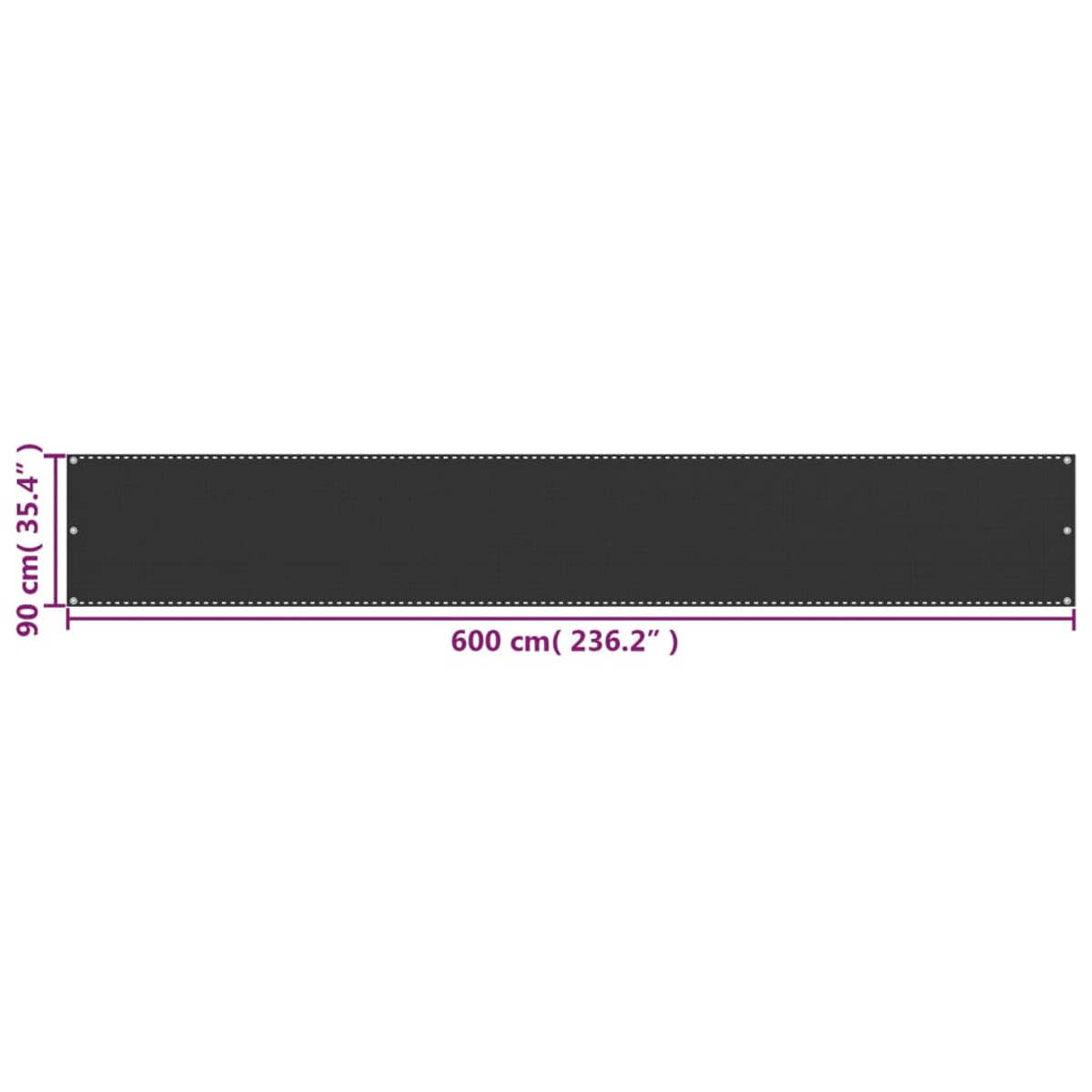 Ein langes, dunkelgraues rechteckiges Objekt mit Maßangaben. Es ist 600 cm (236,2") lang und 90 cm (35,4") hoch.