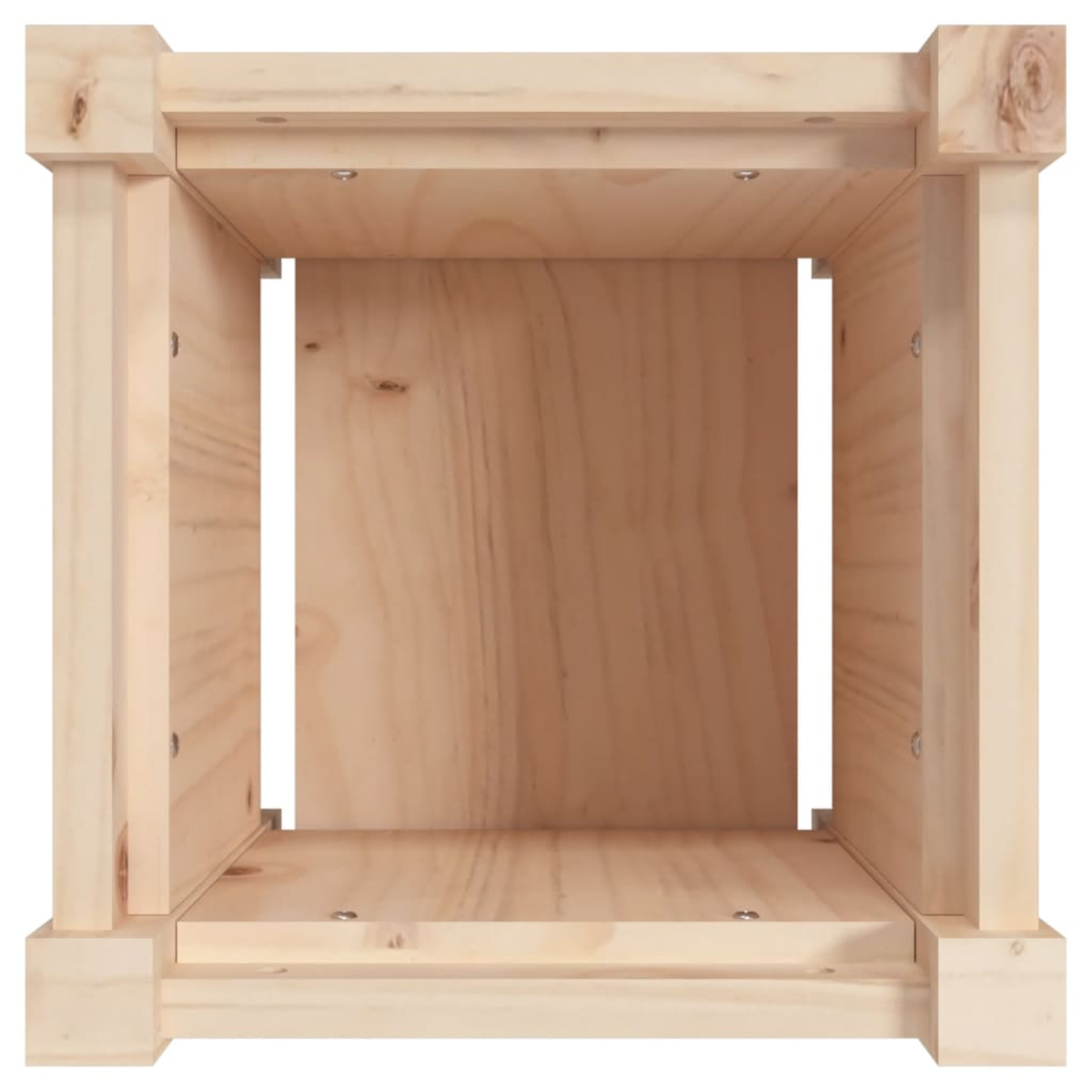 Ein Holzrahmen wird von innen gezeigt, mit natürlicher Holzfarbe. Er hat eine quadratische Form.